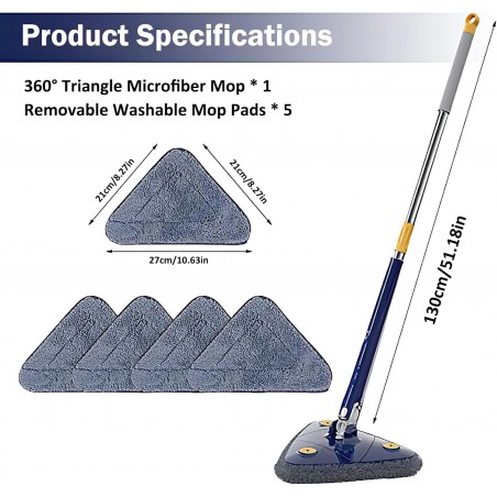 Triangle Mop Réglable Rotatif à 360°, Balai Serpillere Nettoyage Triangle , Mop Humide et Sec avec 5 Chiffons pour Fenêtres,