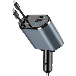 Chargeur de Voiture rétractable 120 W 4 en 1 avec câbles rétractables et Affichage de la Tension avec Ports USB/USB-C/Compatible