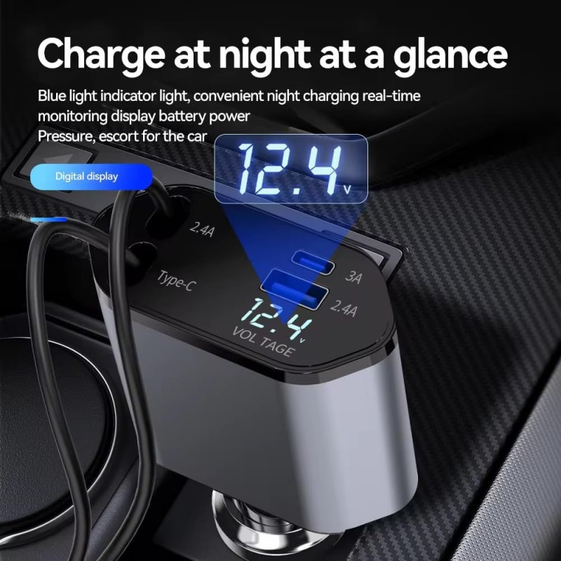 Chargeur de Voiture rétractable 120 W 4 en 1 avec câbles rétractables et Affichage de la Tension avec Ports USB/USB-C/Compatible