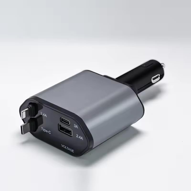 Chargeur de Voiture rétractable 120 W 4 en 1 avec câbles rétractables et Affichage de la Tension avec Ports USB/USB-C/Compatible